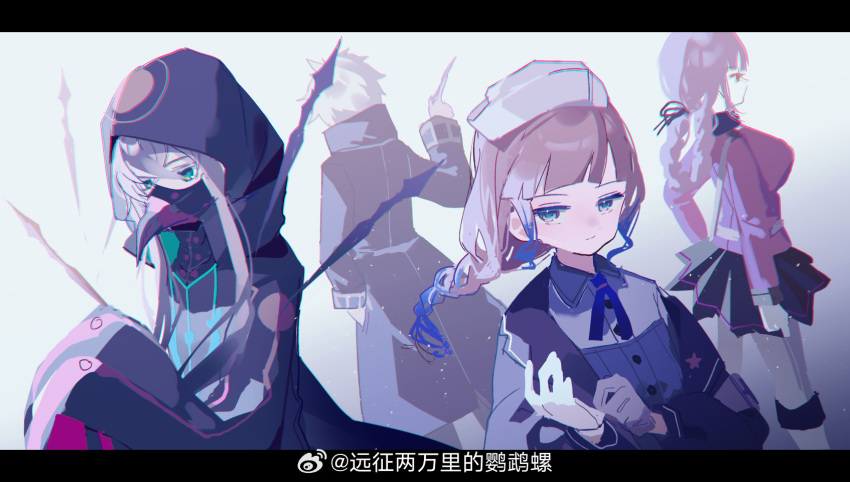 1girl 1other 2boys adjusting_clothes adjusting_gloves artist_name asclepius_(fate) belt black_coat black_robe black_skirt blue_eyes blue_hair braid braided_ponytail brown_hair charles-henri_sanson_(fate) chinese_commentary chromatic_aberration closed_mouth coat collared_dress commentary_request dress facing_away fate/grand_order fate_(series) florence_nightingale_(fate) folded_ponytail gloves gradient_hair green_eyes grey_dress grey_hair hair_between_eyes hand_in_pocket hand_up hat highres holding_scalpel hood hood_up jacket letterboxed light_particles long_hair long_sleeves looking_at_viewer multicolored_hair multiple_boys nemo_(fate) nemosk3o nurse_cap nurse_nemo_(fate) pink_hair red_jacket robe serious shirt short_hair sidelocks single_braid skirt sleeves_past_fingers sleeves_past_wrists two-tone_hair watermark weibo_logo weibo_username white_belt white_gloves white_shirt wing_collar