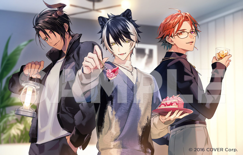 3boys :d ahoge animal_ears aragami_oga belt black_belt black_hair black_jacket black_pants black_shirt black_sweater blurry blurry_background cake cake_slice ceiling_light chain_necklace closed_mouth copyright_notice cowboy_shot cup curtained_hair dark-skinned_male dark_skin demon_horns drink drinking_glass earrings fangs fingernails food fork fruit green_eyes grey_pants grey_sweater hair_between_eyes hair_over_one_eye hand_in_pocket hand_on_own_hip heterochromia holding holding_cup holding_fork holding_lantern holding_plate holostars horns ice ice_cube incoming_food indoors jackal_boy jackal_ears jacket jewelry kageyama_shien lantern long_sleeves looking_at_viewer looking_to_the_side male_focus manomenou mismatched_earrings multicolored_clothes multicolored_hair multicolored_sweater multiple_boys necklace official_art open_clothes open_jacket orange_eyes orange_hair pants parted_bangs parted_lips plant plate purple_sweater sample_watermark sharp_fingernails shirt short_hair single_horn sleeves_past_wrists smile strawberry streaked_hair sweater swept_bangs t-shirt teeth turtleneck two-tone_hair upper_teeth_only v-neck violet_eyes virtual_youtuber watermark whipped_cream white_hair white_shirt yellow_eyes yukoku_roberu