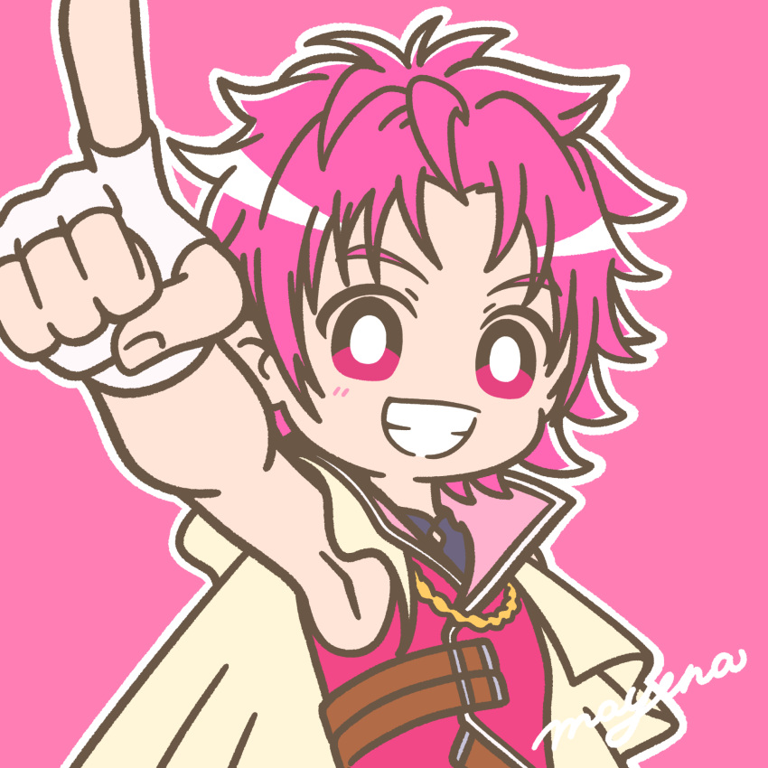 1boy blush bright_pupils cape chain cure_top dancing_star_precure fingerless_gloves gloves gold_chain grin highres hoshikawa_gaku magical_boy male_focus mayena outline pink_background pink_eyes pink_hair pointing pointing_at_viewer precure signature simple_background sleeveless smile solo upper_body white_cape white_outline white_pupils
