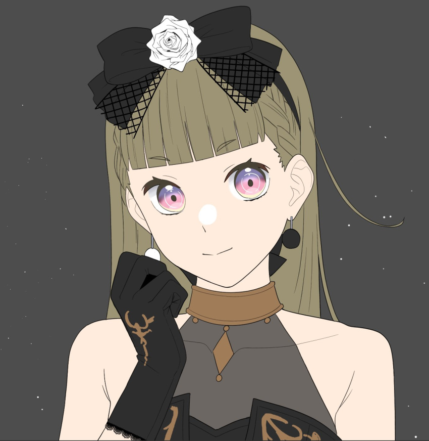 1girl bare_shoulders black_bow black_dress black_gloves black_hairband blunt_bangs bow bow_hairband braid brown_hair center-flap_bangs closed_mouth collarbone commentary_request dress earrings flower gloves grey_background hair_bow hair_flower hair_ornament hairband highres jewelry kachimachi_kosuzu lace-trimmed_gloves lace_trim light_particles link!_like!_love_live! long_hair looking_at_viewer love_live! mismatched_earrings pink_eyes rose s_sho_mkrn see-through side_ahoge side_braids sleeveless sleeveless_dress smile solo sparkly_spot_(love_live!) split_mouth straight_hair unfinished upper_body v-shaped_eyebrows virtual_youtuber white_flower white_rose