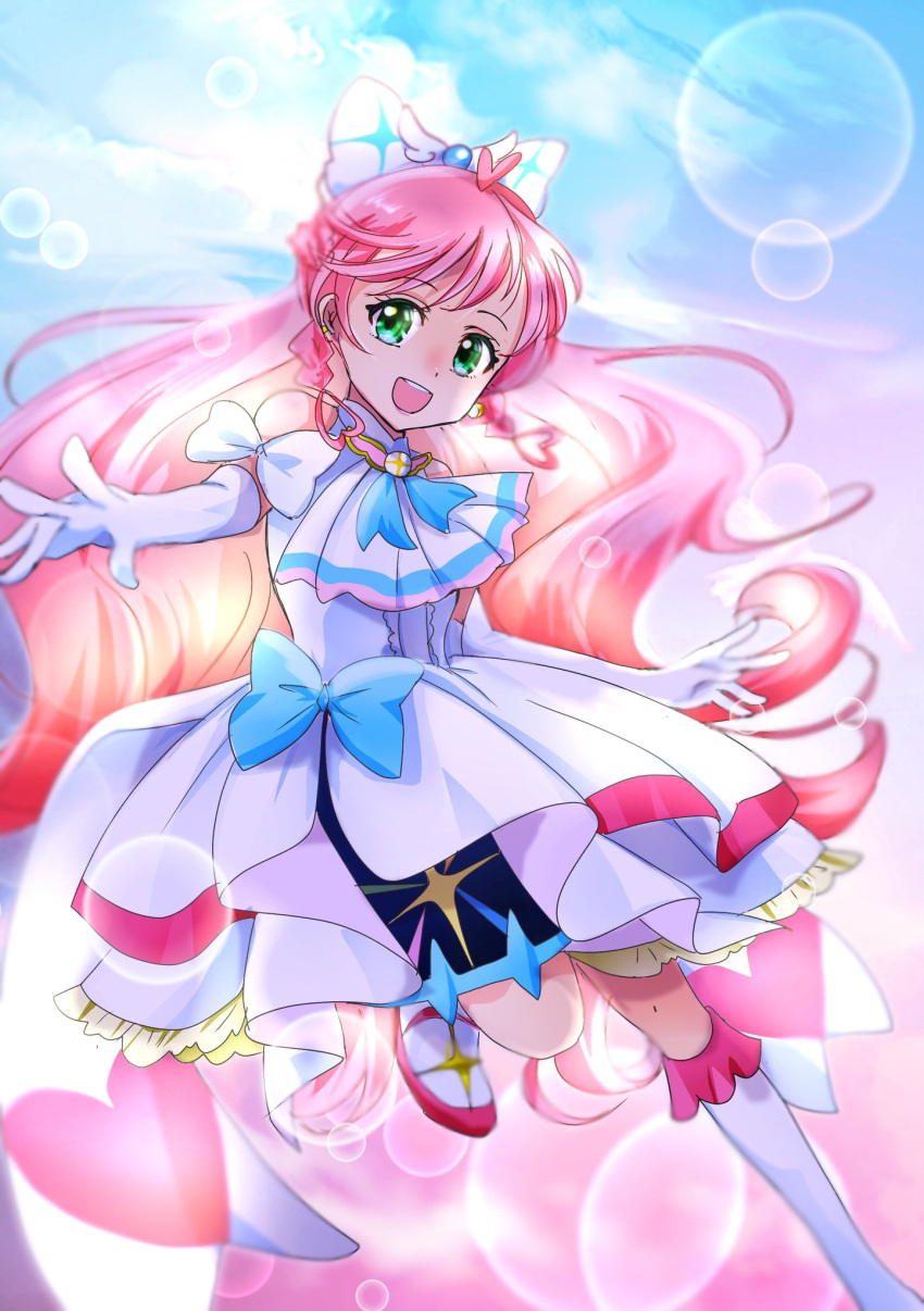 1girl ascot blue_bow blue_sky boots bow braid brooch clouds cloudy_sky cure_prism day dress dress_bow earrings elbow_gloves french_braid gloves gradient_sky green_eyes highres hirogaru_sky!_precure jewelry knee_boots layered_dress leg_up lens_flare long_hair looking_at_viewer magical_girl manekineko5319 medium_dress nijigaoka_mashiro open_mouth outdoors pink_hair pink_sky precure side_braids sky smile solo standing standing_on_one_leg very_long_hair white_ascot white_bow white_dress white_footwear white_gloves wing_brooch