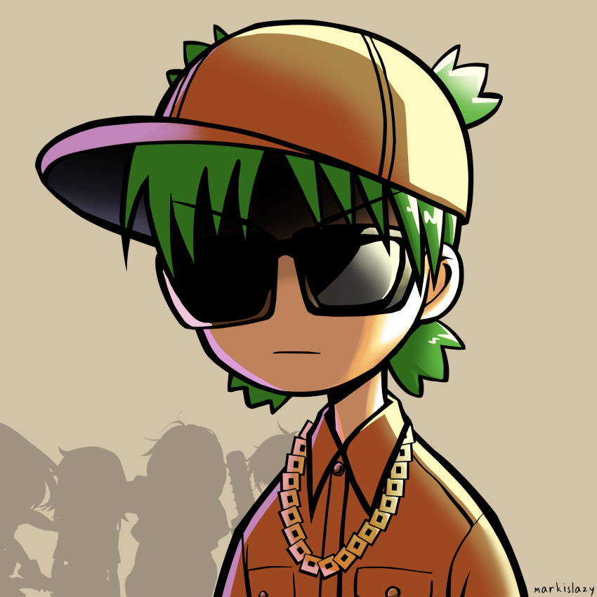 1girl 4others artist_name brown_background brown_shirt closed_mouth collared_shirt commentary_request cosplay gold_necklace grand_theft_auto grand_theft_auto:_san_andreas green_hair highres jewelry koiwai_yotsuba markislazy medium_bangs multiple_others necklace og_loc og_loc_(cosplay) quad_tails shirt short_hair simple_background solo_focus sunglasses upper_body v-shaped_eyebrows yotsubato!