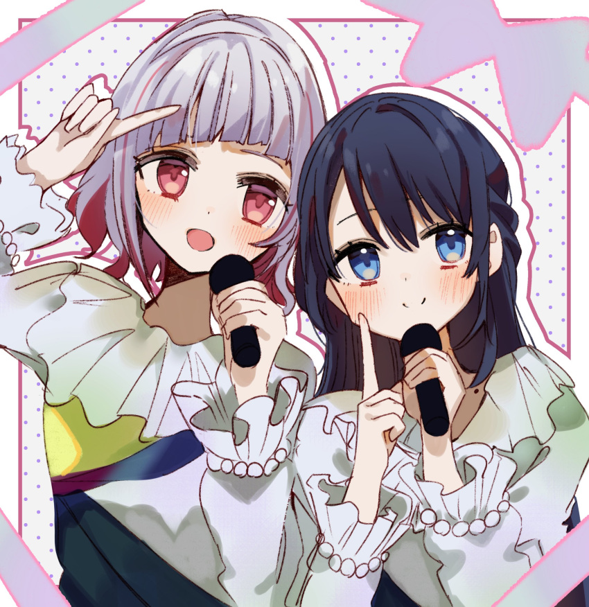 2girls :d arm_up asymmetrical_bangs black_dress blue_dress blush bob_cut border closed_mouth colored_inner_hair commentary_request diagonal_bangs dollchestra dress drop_shadow frilled_dress frilled_sleeves frills grey_background grey_hair hands_up highres holding holding_microphone index_finger_raised inset_border inverted_bob link!_like!_love_live! long_sleeves looking_at_viewer looking_to_the_side love_live! microphone multicolored_clothes multicolored_dress multicolored_hair multiple_girls murano_sayaka nagisa_iori open_mouth outside_border polka_dot polka_dot_background purple_background red_eyes redhead short_hair sideways_glance smile split_mouth streaked_hair virtual_youtuber white_border white_dress yellow_dress yugiri_tsuzuri