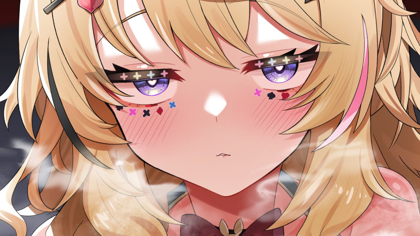 1girl bare_shoulders blonde_hair blush bow bowtie close-up commentary_request commission facial_mark hair_ornament hairclip half-closed_eyes halter_shirt halterneck heart heart-shaped_pupils highres hololive long_hair looking_at_viewer multicolored_hair omaru_polka omaru_polka_(1st_costume) parted_lips pink_hair playing_card_theme red_bow red_bowtie seductive_smile shoulder_blush skeb_commission smile solo steaming_body streaked_hair sui_hi_sf symbol-shaped_pupils traditional_bowtie violet_eyes virtual_youtuber