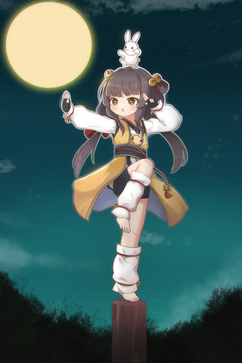 1girl absurdres animal_on_head barefoot black_hair blue_sky brown_eyes chinese_clothes chinese_commentary clouds commentary_request fighting_stance full_body full_moon highres kuma-bound long_hair moon night night_sky on_head open_mouth original outdoors rabbit sky standing standing_on_one_leg toes white_fur yellow_moon