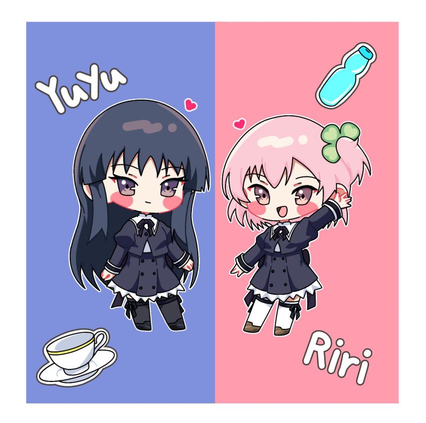 2girls :d arm_at_side arm_up assault_lily black_footwear black_hair black_ribbon black_skirt black_thighhighs blue_background blush border bottle brown_footwear buttons character_name chibi closed_mouth clover_hair_ornament commentary cropped_jacket cup four-leaf_clover_hair_ornament frilled_skirt frills full_body hair_ornament heart high-waist_skirt highres hitotsuyanagi_riri juliet_sleeves leg_ribbon long_hair long_sleeves miniskirt multiple_girls neck_ribbon one_side_up open_mouth outstretched_arm pink_eyes pink_hair puffy_sleeves ramune red_background ribbon saucer school_uniform shirai_yuyu shirt shoes short_hair skirt smile standing symbol-only_commentary teacup thigh-highs thigh_ribbon two-tone_background very_long_hair violet_eyes white_border white_shirt white_thighhighs yui_(yui1115_) yurigaoka_girls_academy_school_uniform