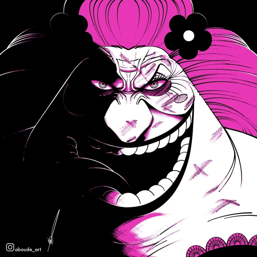 1girl aboude_art artist_name black_lips charlotte_linlin flower hair_flower hair_ornament injury instagram_logo instagram_username limited_palette lips lipstick long_hair looking_at_viewer makeup one_piece open_mouth pink_hair signature smile solo spot_color tongue tongue_out
