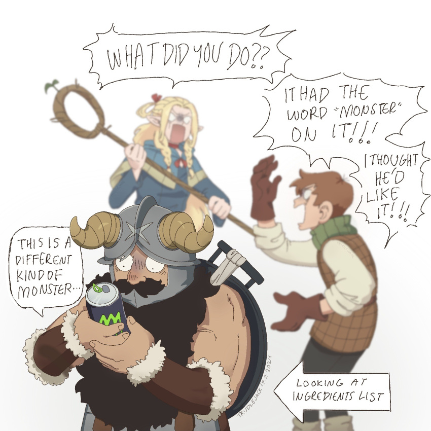 1girl 2boys arguing blank_eyes blurry blurry_background chilchuck_tims constricted_pupils dungeon_meshi english_text highres holding holding_staff marcille_donato multiple_boys muscular muscular_male scared senshi_(dungeon_meshi) short_hair shouting speech_bubble staff trudlejack turn_pale upper_body