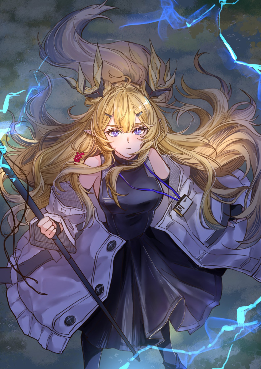 1girl arknights bare_shoulders black_dress black_gloves black_pantyhose blonde_hair blunt_bangs breasts closed_mouth commentary_request dress elbow_gloves fingerless_gloves from_above gloves gradient_background grey_jacket hair_between_eyes hair_ornament hair_over_breasts hair_over_one_breast hair_over_shoulder hairpin half-closed_eyes highres holding holding_staff holding_weapon horns id_card jacket joul_0704 lanyard leizi_(arknights) light_blush lightning long_hair long_sleeves looking_at_viewer medium_breasts multicolored_background off_shoulder pantyhose parted_bangs pointy_ears sidelocks sleeveless sleeveless_dress solo staff very_long_hair violet_eyes weapon wide_sleeves