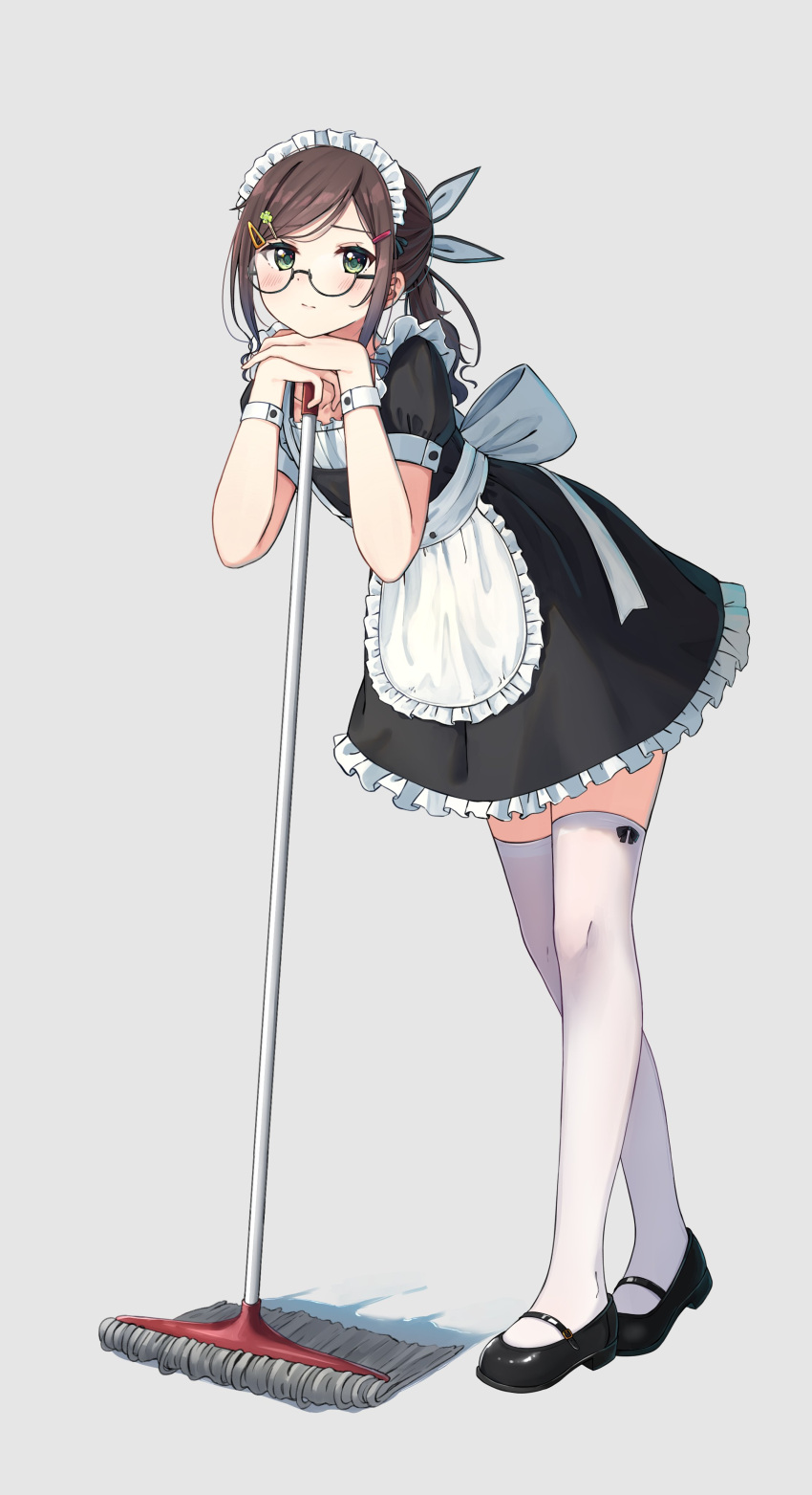 1girl absurdres apron black_dress black_footwear breasts brown_hair dress enuni full_body glasses green_eyes hair_ornament hairclip highres leaning_forward long_hair maid_apron maid_headdress mary_janes mop original ponytail shoes short_sleeves small_breasts solo standing thigh-highs wrist_cuffs