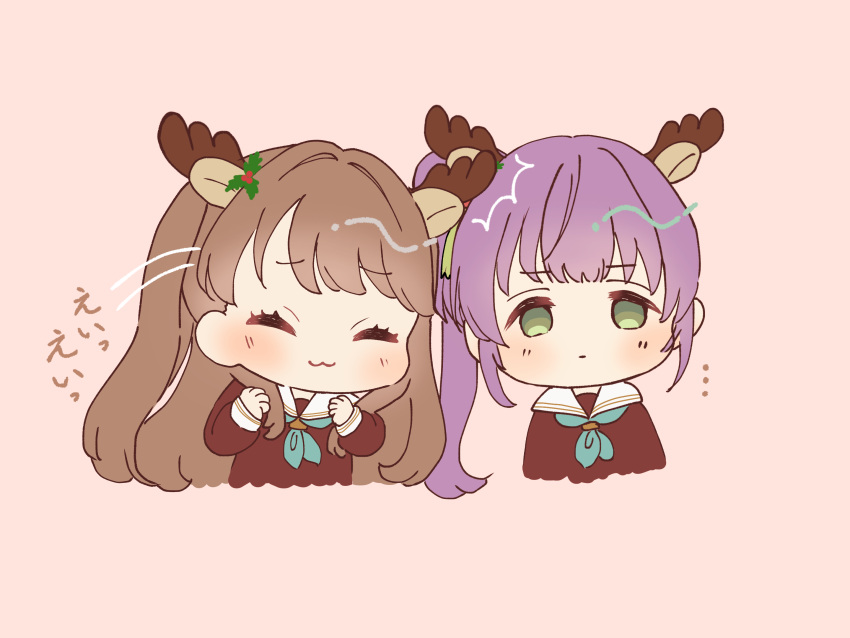 2girls :3 :| ^^^ ^_^ animal_ears antlers aqua_neckerchief blush brown_dress brown_hair chibi chibi_only clenched_hands closed_eyes closed_mouth commentary_request cropped_torso deer_ears dress fake_animal_ears fake_antlers flower fujishima_megumi green_eyes hair_bun hair_flower hair_ornament hands_up hasu_no_sora_school_uniform headbutt highres hiyori_(20hiyori727) horns link!_like!_love_live! long_hair long_sleeves looking_at_viewer love_live! motion_lines multiple_girls neckerchief no_pupils otomune_kozue pink_background purple_hair red_flower reindeer_antlers sailor_collar sailor_dress school_uniform side_ponytail sidelocks simple_background single_side_bun smile translation_request two_side_up virtual_youtuber white_sailor_collar winter_uniform