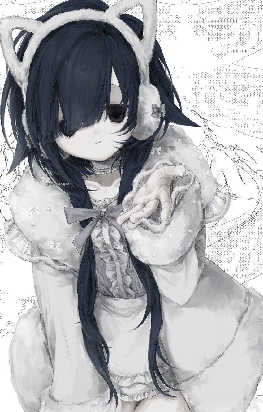 1girl animal_ear_headphones animal_ears apron black_eyes blue_hair blunt_bangs bow bowtie buttons cat_ear_headphones center_frills choker closed_mouth coat collar collarbone collared_coat commentary_request cowboy_shot dev1am3 double-parted_bangs dress earmuffs fake_animal_ears frilled_apron frilled_choker frilled_collar frills fur-trimmed_coat fur-trimmed_sleeves fur_trim grey_bow grey_bowtie grey_dress hand_on_lap headphones highres long_hair long_sleeves looking_at_viewer original outstretched_hand pale_skin reaching reaching_towards_viewer short_dress sidelocks simple_background sitting smile solo striped_clothes striped_dress vertical-striped_clothes vertical-striped_dress very_long_hair waist_apron white_apron white_background white_choker white_coat white_headphones white_sleeves
