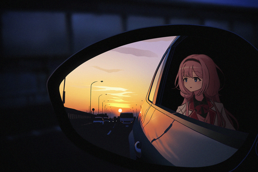 1girl :d arms_at_sides black_shirt blue_eyes blush bow bowtie car cardigan clouds collared_shirt evening hair_intakes hairband highres highway jacket lamppost long_hair looking_to_the_side motor_vehicle nijisanji nkymyura open_clothes open_jacket open_mouth outdoors pink_cardigan pink_hair red_bow red_bowtie red_hairband shirt side-view_mirror sidelocks smile solo sunset suo_sango truck upper_body v-neck virtual_youtuber white_jacket