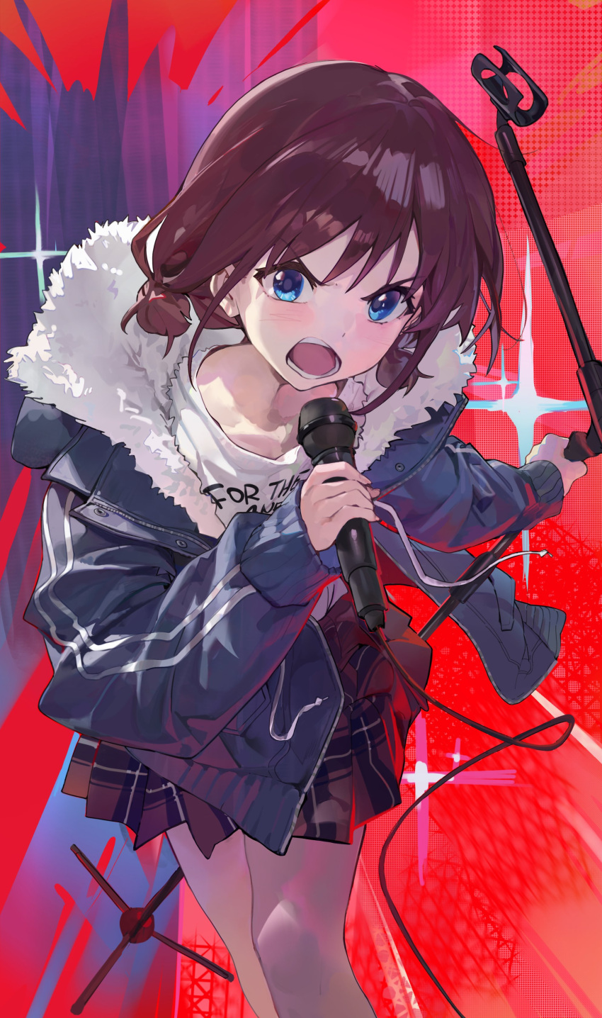 1girl absurdres blue_eyes blue_jacket brown_hair brown_shirt cable clothes_writing english_commentary fatur_rasid feet_out_of_frame fur-trimmed_jacket fur_trim girls_band_cry highres holding holding_microphone holding_microphone_stand iseri_nina jacket leaning_forward long_sleeves looking_at_viewer low_twintails medium_hair microphone microphone_stand miniskirt open_clothes open_jacket open_mouth plaid plaid_skirt pleated_skirt red_background shirt short_twintails shouting skirt solo sparkle teeth twintails v-shaped_eyebrows white_shirt