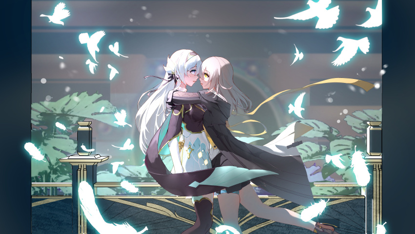 2girls absurdres bird black_coat black_hairband black_jacket blush breasts breasts_squeezed_together coat collared_shirt cropped_jacket firefly_(honkai:_star_rail) green_skirt grey_hair hair_between_eyes hair_ornament hairband highres honkai:_star_rail honkai_(series) hug jacket long_hair long_sleeves looking_at_another medium_breasts multiple_girls open_mouth ribbon shirt skirt stelle_(honkai:_star_rail) thigh-highs trailblazer_(honkai:_star_rail) two-tone_eyes xiaochen yellow_eyes yuri