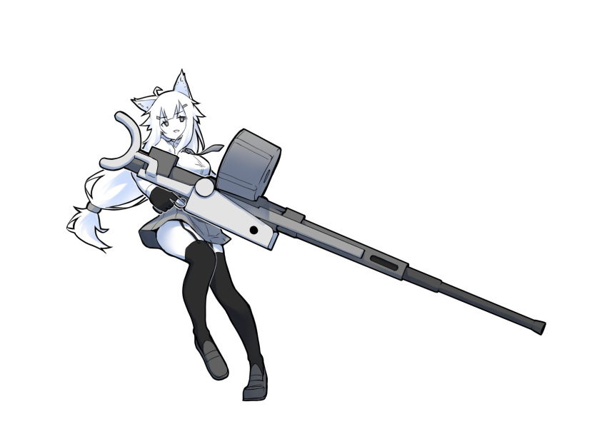 1girl ahoge animal_ears autocannon black_gloves black_thighhighs breasts cannon dodging drum_magazine fox_ears from_side full_body garter_straps gloves grey_eyes grey_footwear grey_necktie grey_skirt hair_between_eyes hair_tie highres holding holding_weapon huge_weapon long_hair long_sleeves magazine_(weapon) medium_breasts necktie oerlikon_20mm_gun open_mouth original shirt sidelocks skirt solo tamamo_ozen thigh-highs very_long_hair weapon white_background white_hair white_mouth white_shirt