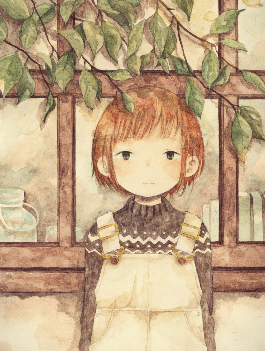 1girl absurdres black_eyes branch brown_hair chyoma commentary_request dress expressionless highres looking_at_viewer original painting_(medium) pinafore_dress short_hair sleeveless sleeveless_dress solo sweater traditional_media upper_body watercolor_(medium) window