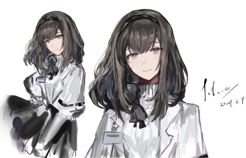 1girl absurdres arknights black_hairband brown_hair capelet chinese_commentary closed_mouth commentary_request dated grey_eyes hairband highres light_smile long_hair multiple_views priestess_(arknights) shirt signature simple_background solace_retail turtleneck turtleneck_shirt unfinished white_background white_capelet white_shirt