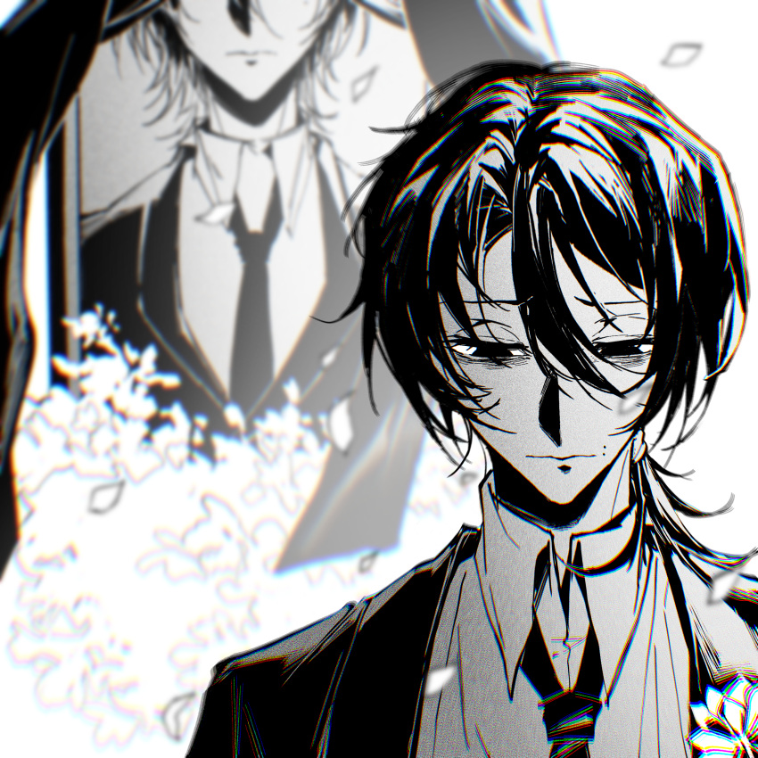 1boy absurdres chinese_commentary closed_mouth collared_shirt commentary_request greyscale hair_between_eyes highres iei jacket liu_qingcheng low_ponytail male_focus mole mole_on_cheek monochrome multiple_moles necktie shi_zhaoying shirt shiyu_sandu short_hair side_ponytail solo touqi_guaitan