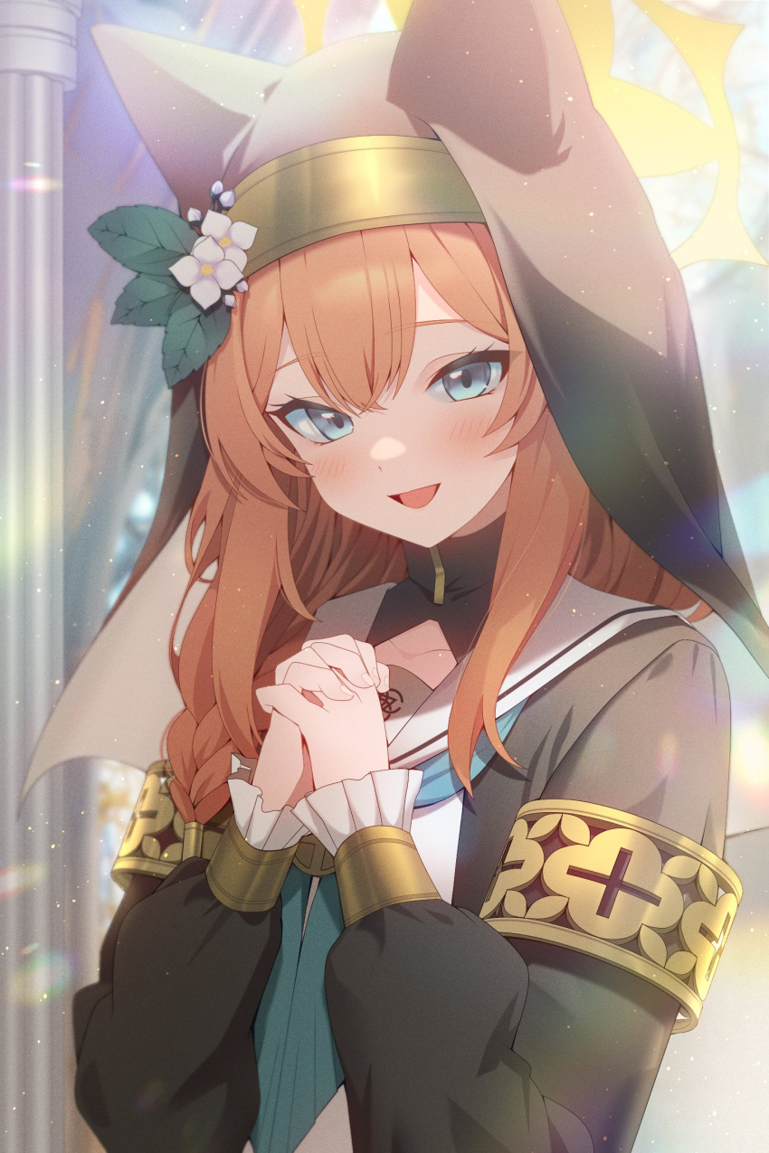 1girl aoi_(07aoi15) aqua_neckerchief armlet black_coat blue_archive blue_eyes blurry blurry_background blush coat commentary_request hair_between_eyes highres light_particles long_sleeves looking_at_viewer mari_(blue_archive) neckerchief nun open_mouth orange_hair own_hands_together puffy_long_sleeves puffy_sleeves sailor_collar smile solo trinity_general_school_logo turtleneck veil white_sailor_collar