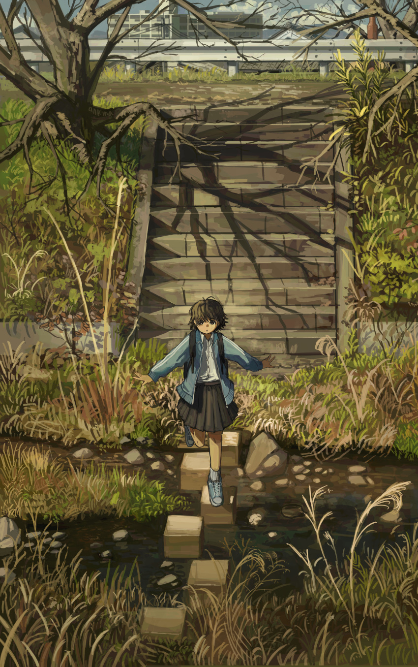 1girl :o absurdres anko1127 antenna_hair backpack bag bare_tree black_bag black_skirt blue_footwear blue_jacket breast_pocket bright_pupils brown_eyes brown_hair building collared_shirt commentary_request day dot_nose dress_shirt grass guard_rail highres jacket long_sleeves open_clothes open_jacket original outdoors outstretched_arms pleated_skirt pocket ribbed_socks river riverbank rock scenery school_uniform shirt shirt_tucked_in shoes short_hair skirt sneakers socks solo stairs stepping_stones stone_stairs track_jacket tree walking water white_pupils white_shirt white_socks wide_shot