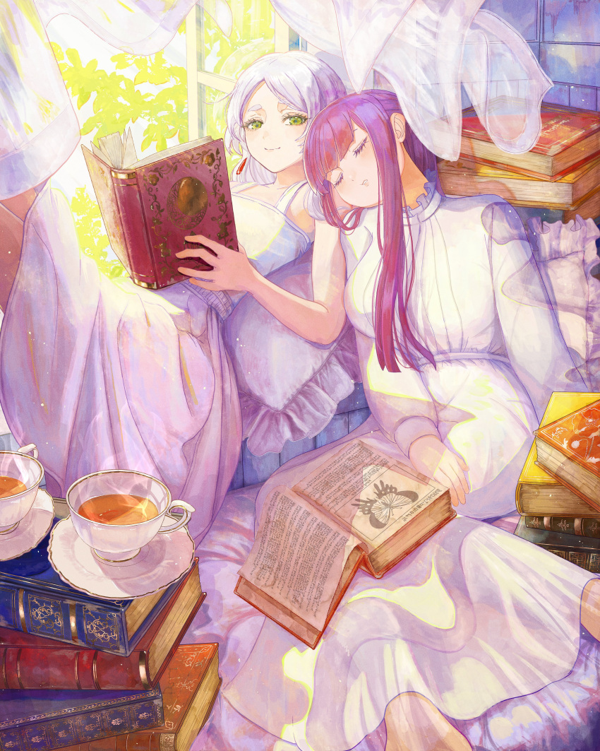 2girls absurdres bare_shoulders book book_stack closed_eyes closed_mouth cowboy_shot cup curtains dress earrings elf feet_out_of_frame fern_(sousou_no_frieren) frieren green_eyes hair_between_eyes head_on_another's_shoulder highres holding holding_book indoors jewelry leaf long_hair long_sleeves looking_at_viewer lying multiple_girls nakauma on_back open_book parted_bangs parted_lips pillow pointy_ears purple_hair revision saucer sidelocks sitting sleeping sleeveless sleeveless_dress smile sousou_no_frieren sunlight teacup white_dress white_hair window window_shadow