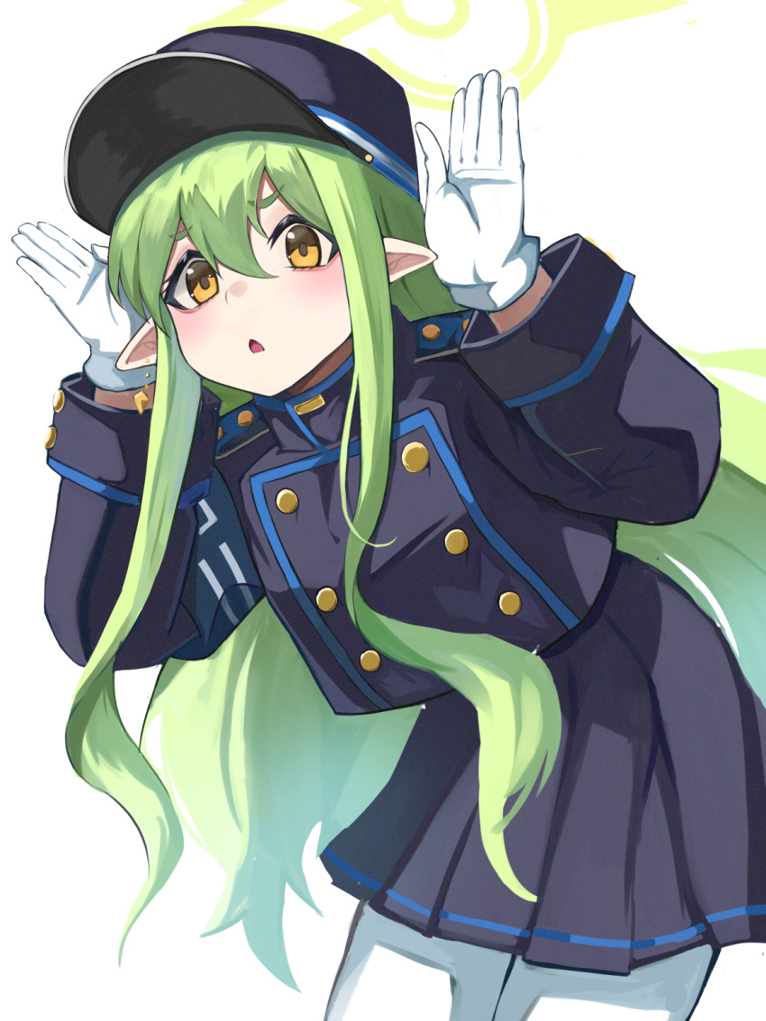 1girl :o black_jacket black_skirt blue_archive blush buttons double-breasted expressionless geco_gecko gloves green_halo grey_hair hair_between_eyes halo hands_up hat highres hikari_(blue_archive) jacket leaning_forward long_hair looking_at_viewer looking_down miniskirt pantyhose pleated_skirt skirt solo staring very_long_hair white_gloves yellow_eyes