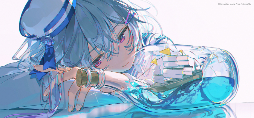 1boy absurdres androgynous aqua_theme arknights arm_on_table arm_pillow blue_hair blue_hat blue_ribbon blue_sailor_collar blue_theme bottle chromatic_aberration closed_mouth copyright_name crossed_bangs english_text gradient_hair hair_between_eyes hair_ornament hair_spread_out hairpin hat head_on_arm head_on_table highres long_sleeves looking_to_the_side military_vehicle mizuki_(arknights) multicolored_hair multiple_hairpins otoko_no_ko purple_hair reflection reflective_table ribbon sailing_ship sailor_collar sailor_hat sailor_shirt ship ship_in_a_bottle shirt solo two-tone_hat water watercraft white_hat white_shirt z3zz4