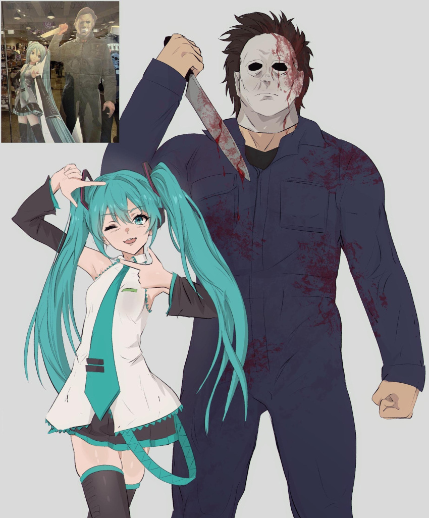 1boy 1girl black_jumpsuit black_skirt black_thighhighs blood blood_on_clothes blood_on_knife blood_on_mask blue_bow blue_eyes blue_hair blue_nails blue_necktie bow brown_hair clenched_hand crossover detached_sleeves drill_hair hair_ornament halloween_(movie) hatsune_miku highres jumpsuit knife long_hair long_sleeves mask michael_myers miniskirt nail_polish necktie one_eye_closed open_mouth pleated_skirt simple_background skirt smile thigh-highs twintails vocaloid white_background white_mask wide_sleeves yoracrab