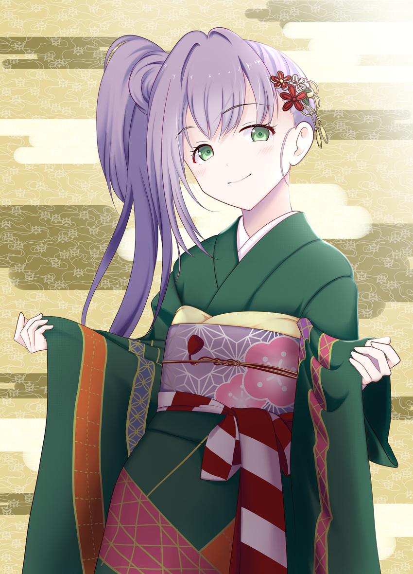 1girl alternate_costume asymmetrical_sidelocks brown_background closed_mouth commentary_request floral_print floral_print_sash flower furisode green_eyes green_kimono hair_bun hair_flower hair_ornament hands_up highres japanese_clothes kimono light_blush link!_like!_love_live! long_hair long_sleeves looking_at_viewer love_live! mimkai obi otomune_kozue partial_commentary patterned_background purple_hair purple_sash red_flower sash side_ponytail sidelocks single_side_bun sleeves_past_wrists smile solo virtual_youtuber wide_sleeves