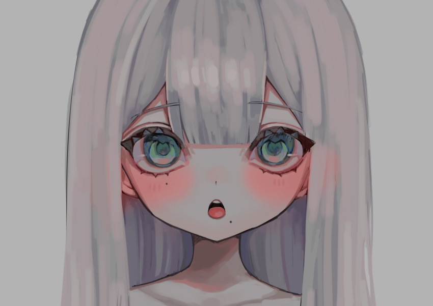 1girl bad_id bad_twitter_id blush green_eyes grey_background grey_hair highres image_sample long_hair looking_at_viewer mole mole_under_eye mole_under_mouth open_mouth original portrait shiona_(siona0625) solo straight-on straight_hair twitter_sample