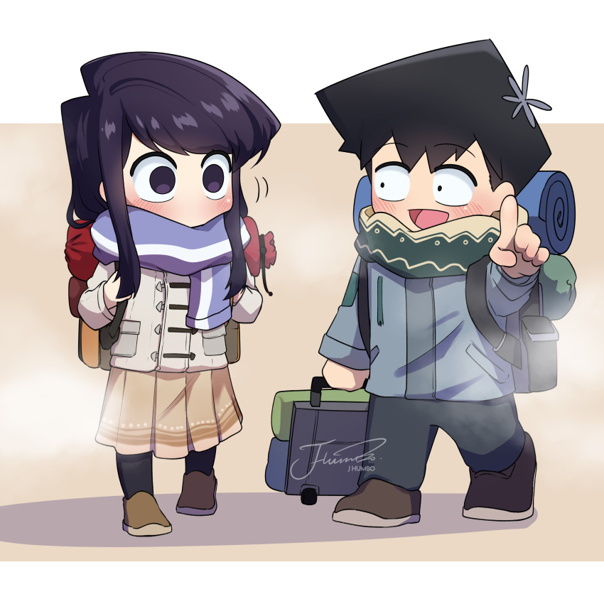 1boy 1girl absurdres artist_name backpack bag black_hair black_socks brown_footwear brown_skirt chibi commentary flower fog full_body hair_flower hair_ornament highres j_humbo jacket komi-san_wa_komyushou_desu komi_shouko long_hair long_sleeves looking_at_another no_mouth no_nose open_mouth outstretched_arm pointing pointing_at_viewer purple_hair scarf shoes short_hair signature simple_background skirt socks standing swept_bangs tadano_hitohito violet_eyes white_background winter_clothes