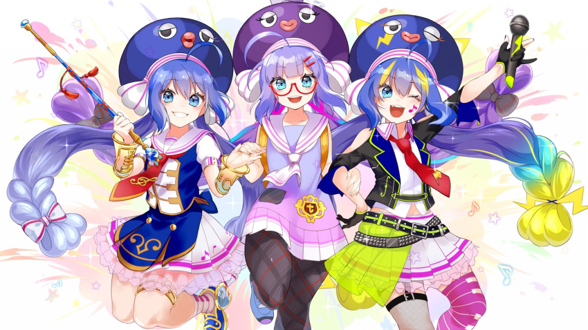 3girls \m/ ahoge animal_hat aqua_hair arm_guards arm_up ascot backpack bag bare_arms bare_shoulders black_bow black_gloves black_jacket black_pantyhose blazer blonde_hair blue_dress blue_eyes blue_hair blue_hat blunt_bangs bow braid buttons clothing_cutout collared_shirt dress eel_hat fingernails floating_hair gen_(gen_m_gen) glasses gloves gradient_dress gradient_hair grin hair_bow hair_ornament hand_on_another's_arm hat highres holding holding_hands holding_microphone jacket large_hat long_hair low-braided_long_hair low-tied_long_hair low_twin_braids low_twintails microphone midriff_peek multicolored_background multicolored_bow multicolored_hair multicolored_pantyhose multiple_girls multiple_persona musical_note nail_polish necktie open_clothes open_jacket open_mouth orange_bag orange_bow orange_pantyhose otomachi_una otomachi_una_(spicy) otomachi_una_(sugar) otomachi_una_(talkex) pantyhose partially_fingerless_gloves pink_dress pink_trim plaid plaid_bow plaid_pantyhose puffy_short_sleeves puffy_sleeves purple_hair purple_hat red-framed_eyewear red_bow red_necktie sailor_collar see-through see-through_skirt semi-rimless_eyewear shirt short_sleeves shoulder_cutout sidelocks skirt sleeveless sleeveless_dress smile standing standing_on_one_leg star_(symbol) streaked_hair striped_bow talkex teeth twin_braids twintails upper_teeth_only very_long_hair vocaloid white_ascot white_bow white_sailor_collar white_shirt white_skirt