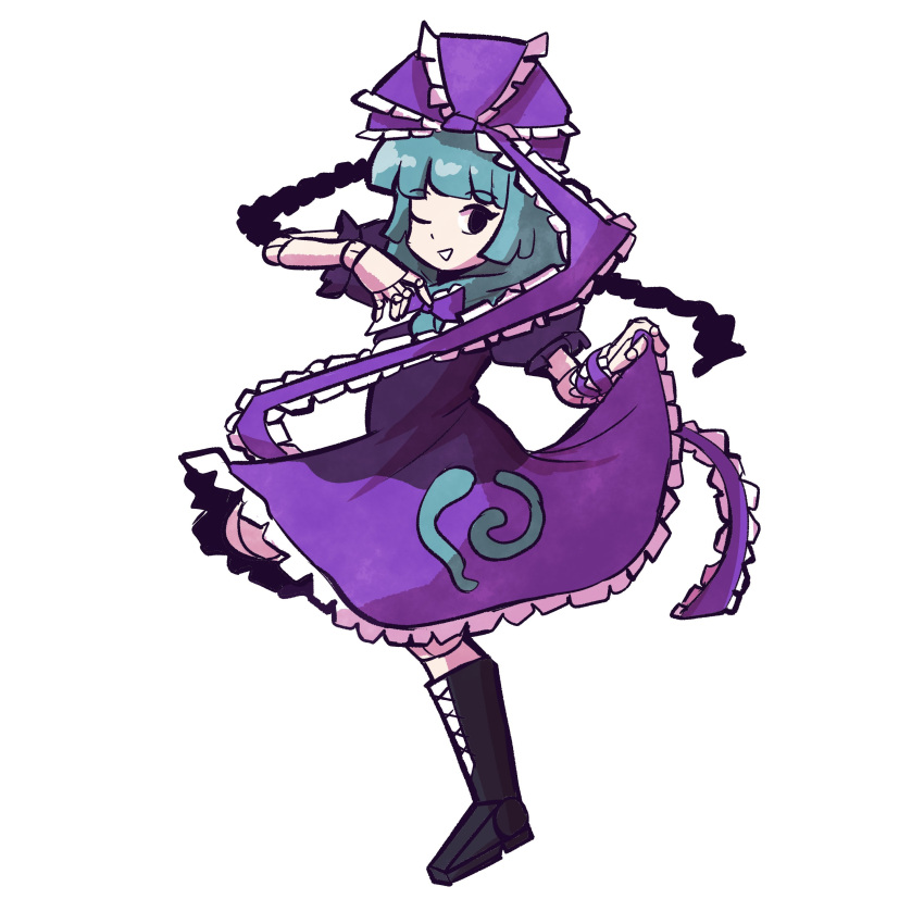 1girl absurdres alternate_color black_footwear boots bow dress frilled_bow frilled_dress frilled_ribbon frills front_ponytail full_body green_hair hair_ribbon highres kagiyama_hina lifted_by_self looking_at_viewer one_eye_closed oysterfried purple_bow purple_dress purple_ribbon ribbon simple_background smile solo touhou white_background