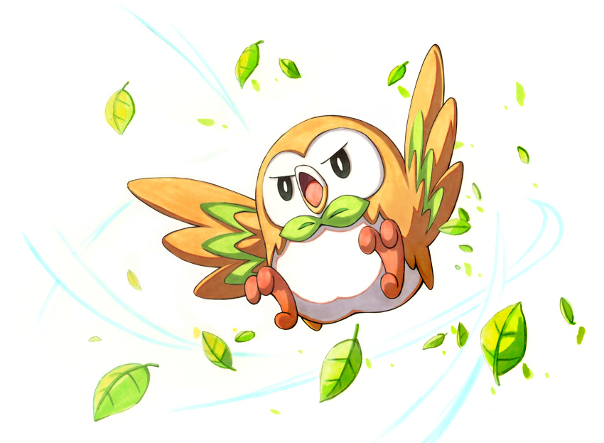 animal_focus bird black_eyes bright_pupils commentary_request fish.boy full_body highres leaf no_humans open_mouth pokemon pokemon_(creature) rowlet solo tongue white_background white_pupils
