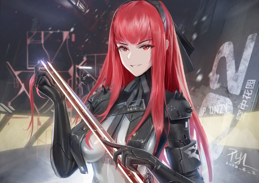 1girl absurdres artist_name black_bodysuit black_hairband bodysuit breast_curtains hairband highres holding holding_weapon impasto long_hair looking_at_viewer mechanical_arms parted_lips punishing:_gray_raven qnzy red_eyes redhead solo two-tone_bodysuit vera:_rozen_(punishing:_gray_raven) vera_(punishing:_gray_raven) weapon white_bodysuit