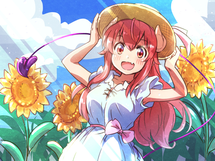 1girl :d alternate_costume arms_up blush bow brown_eyes commentary_request cowboy_shot day demon_girl demon_horns demon_tail fang field flower flower_field hair_between_eyes hands_on_headwear happy hat highres horns icorasama light_particles long_hair looking_at_viewer machikado_mazoku open_mouth outdoors pink_bow redhead shirt short_sleeves sidelocks skin_fang smile solo straw_hat sunflower sunflower_field sunlight tail tail_raised tareme very_long_hair white_shirt yoshida_yuuko_(machikado_mazoku)