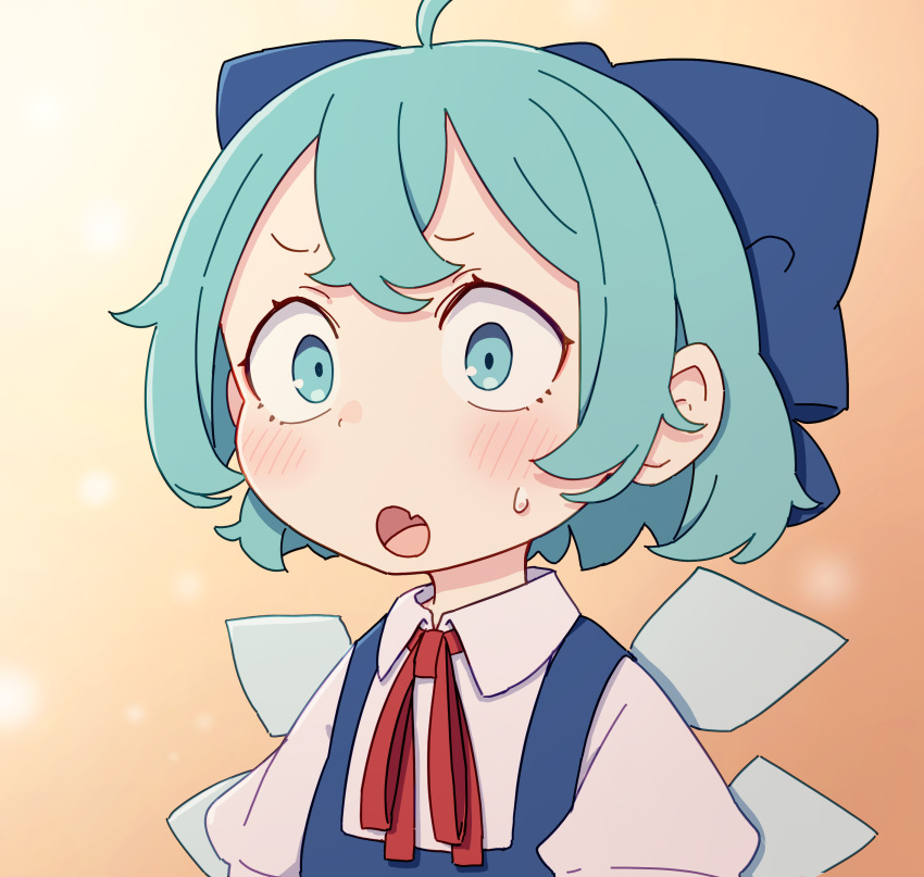 1girl absurdres ahoge blue_bow blue_eyes blue_hair blush bow cirno collared_shirt detached_wings fairy fang hair_bow highres ice ice_wings kame_(kamepan44231) neck_ribbon open_mouth puffy_short_sleeves puffy_sleeves red_ribbon ribbon shirt short_hair short_sleeves skin_fang solo touhou upper_body white_shirt wings