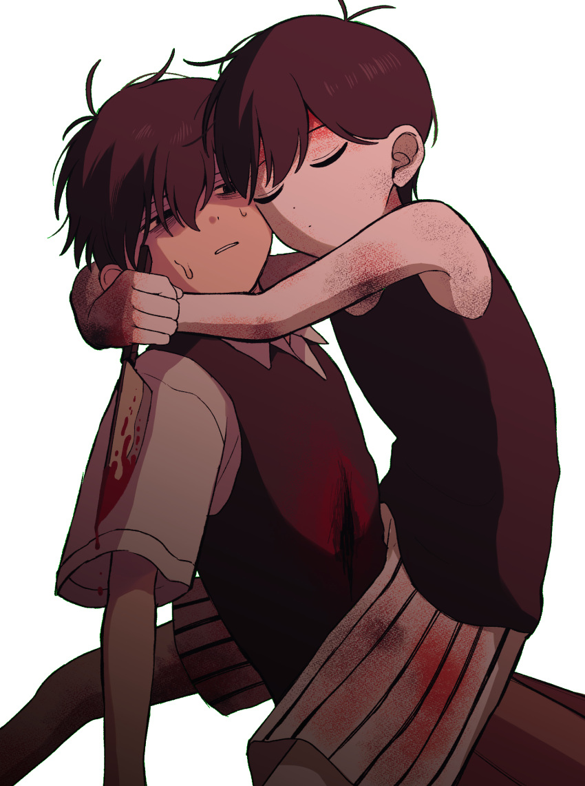 2boys black_eyes black_hair black_sweater_vest black_tank_top blood blood_on_clothes blood_on_knife closed_eyes closed_mouth collared_shirt colored_skin highres holding holding_knife hug k_toast knife multiple_boys omori omori_(omori) parted_lips shirt short_hair short_sleeves simple_background spoilers sunny_(omori) sweater_vest tank_top white_background white_shirt white_skin