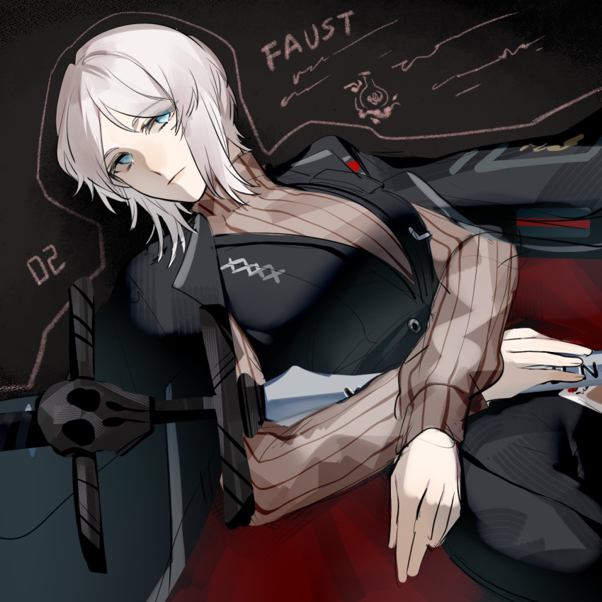 1girl black_coat black_vest blue_eyes brown_sweater character_name closed_mouth coat coat_on_shoulders faust_(project_moon) highres limbus_company looking_to_the_side lying on_back project_moon ribbed_sweater shanhujiao short_hair solo sweater vest white_hair