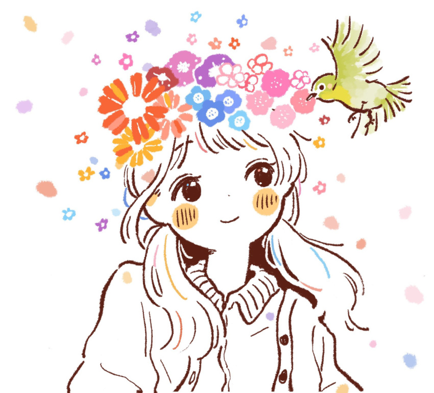 1girl arms_at_sides bird blue_flower blush_stickers closed_mouth collared_shirt dot_nose flower green_bird hair_flower hair_ornament highres humi_natsu long_hair long_sleeves looking_at_animal low_twintails orange_flower original pigeon pink_flower red_flower shirt short_bangs sidelocks simple_background smile solid_circle_eyes solo twintails upper_body white_background white_shirt
