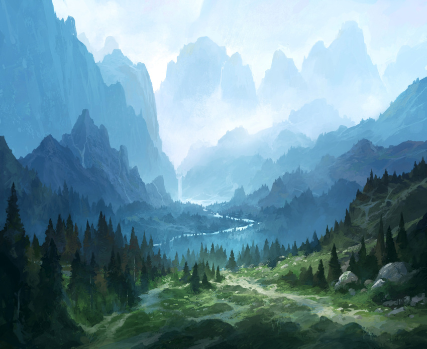 andreas_rocha blue_sky commentary commission day english_commentary grass highres landscape mountain mountainous_horizon no_humans original outdoors painterly path pine_tree river rock scenery sky tree