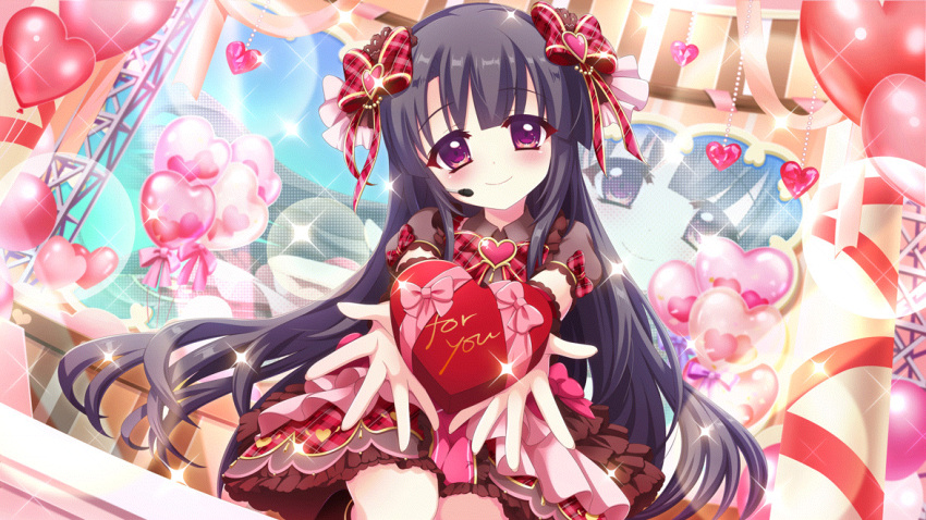 1girl black_hair blush bow box brooch brown_dress closed_mouth concert dot_nose dress dutch_angle film_grain game_cg gift gift_box hair_bow hair_ornament head_tilt headset heart heart-shaped_box heart_brooch heart_hair_ornament ichikishima_mizuha idol idol_clothes incoming_gift izumi_tsubasu jewelry layered_skirt lens_flare long_hair non-web_source official_art pink_skirt plaid plaid_bow re:stage! red_bow screen skirt smile solo sparkle stage stage_lights straight_hair valentine very_long_hair violet_eyes