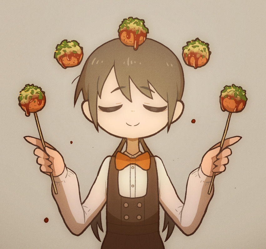1girl black_vest bow bowtie brown_hair closed_eyes collared_shirt commentary_request dripping facing_viewer floating floating_object food grey_background hands_up highres holding long_hair long_sleeves low_twintails original red_bow red_bowtie shirt simple_background skewer smile solo takoyaki takurada twintails vest white_shirt
