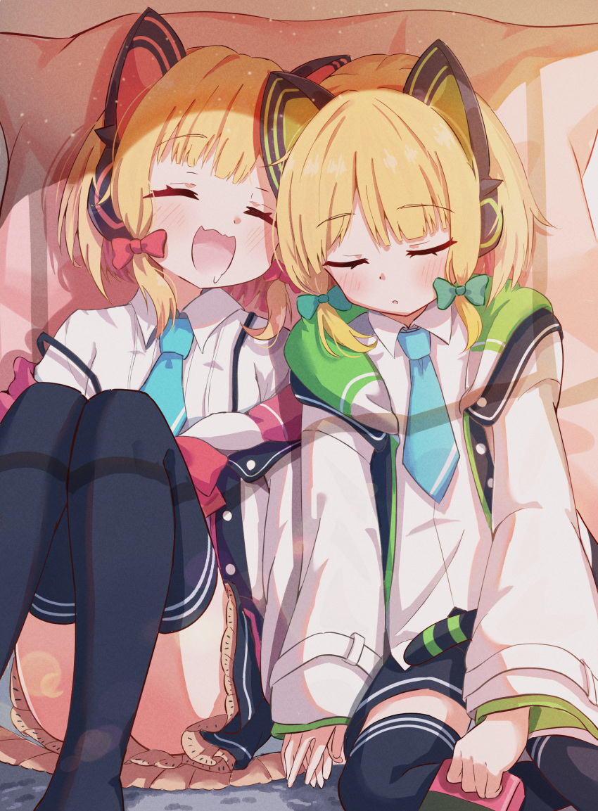2girls animal_ear_headphones animal_ears black_shorts black_thighhighs blonde_hair blue_archive blue_necktie blush cat_tail collared_shirt drooling fake_animal_ears headphones highres jacket long_sleeves midori_(blue_archive) mikumiku37 momoi_(blue_archive) multiple_girls necktie open_clothes open_jacket open_mouth parted_lips shirt short_hair shorts siblings sisters sleeping smile tail thigh-highs twins white_jacket white_shirt
