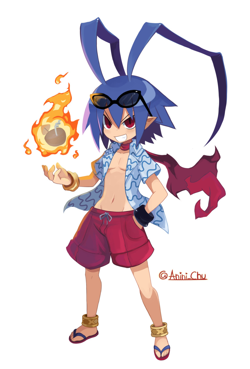 1boy absurdres anini blue_hair collared_shirt commentary disgaea disgaea_rpg eyewear_on_head feet fingernails flip-flops glasses hair_between_eyes hand_in_pocket highres laharl legs male_focus male_swimwear navel open_clothes open_shirt red_eyes red_scarf red_shorts sandals scarf shirt shorts smile solo sunglasses swim_trunks teeth toes topless_male white_background