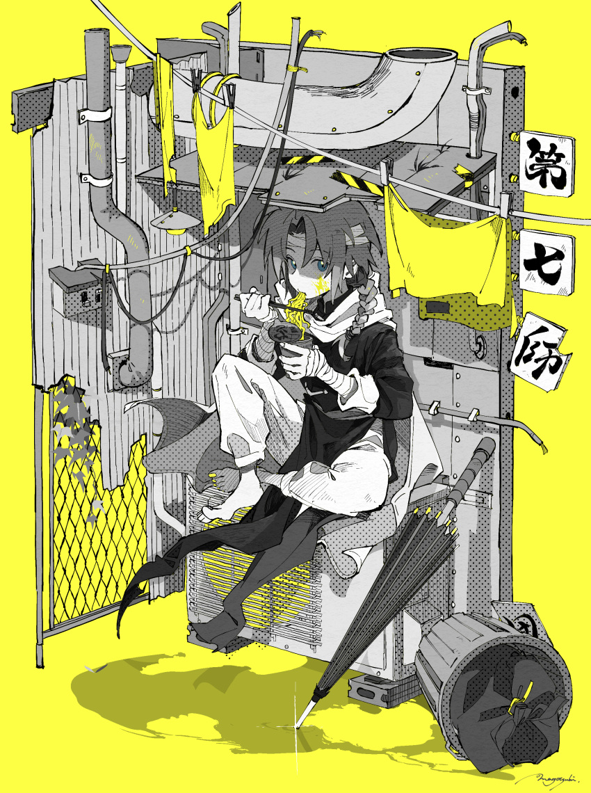 1boy absurdres bandaged_head bandages barefoot blue_eyes braid chinese_clothes condenser_unit feet food gintama highres industrial_pipe kamui_(gintama) lead_pipe magotsuki_(hurray) male_focus noodles partially_colored ramen signature single_braid sitting solo trash_bag trash_can umbrella yellow_background