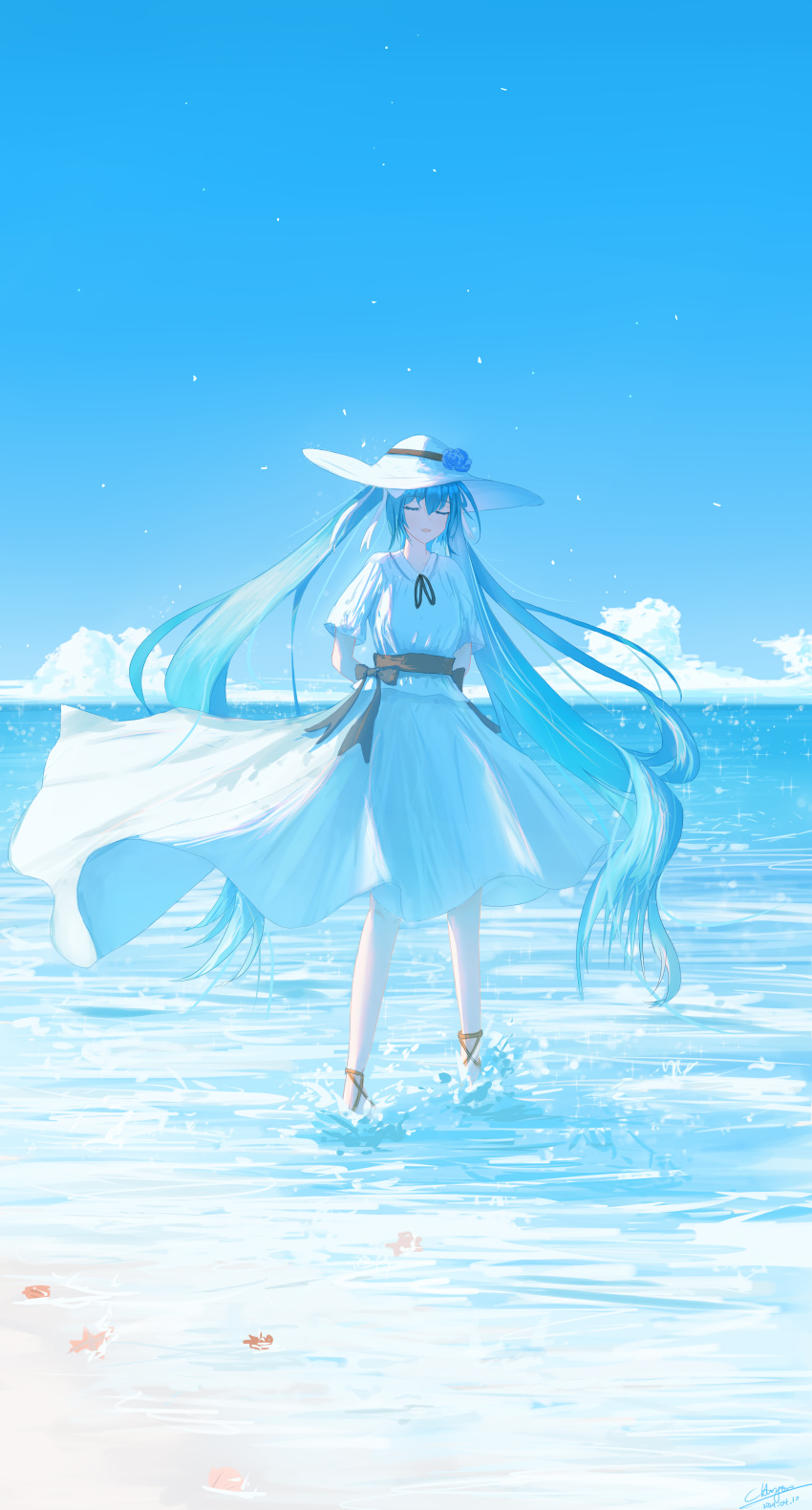 1girl absurdly_long_hair absurdres aqua_hair arms_behind_back black_ribbon blue_sky chinese_commentary clear_sky closed_eyes clouds commentary_request day dress floating_hair flower full_body hargow hat hat_flower hatsune_miku highres long_hair neck_ribbon ocean open_mouth outdoors ribbon short_sleeves sidelocks sky smile solo standing twintails very_long_hair vocaloid wading water white_dress white_hat wide_shot