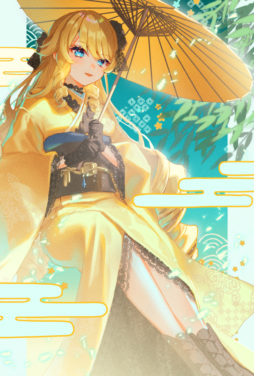 1girl aqua_background black_eyeshadow black_flower black_footwear black_gloves blonde_hair blue_eyes blue_gemstone commentary_request drill_hair eyeshadow feet_out_of_frame flower gem genshin_impact gloves gradient_background hair_flower hair_ornament hands_up harushio highres holding holding_umbrella invisible_chair japanese_clothes kimono lipstick long_sleeves looking_at_viewer makeup navia_(genshin_impact) obi oil-paper_umbrella sash sitting solo umbrella yellow_kimono yellow_umbrella