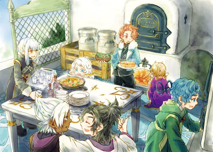 2girls 5boys arm_on_another's_shoulder baldr_(kingdom_hearts) black_footwear black_hair black_pants black_robe blonde_hair blue_eyes blue_hair blue_jacket blue_sky bottle bowl bowl_stack bragi_(kingdom_hearts) brown_eyes brown_hair closed_eyes commentary_request container cup dark-skinned_male dark_skin day dot_nose drinking_glass drooling eraqus fire fireplace food food_request fork frying_pan fur-trimmed_jacket fur_trim furnace green_robe grey_eyes hermod_(kingdom_hearts) holding holding_bowl holding_cup holding_fork holding_plate holding_tray indoors jacket kh_raimu kingdom_hearts kingdom_hearts_dark_road kitchen light_blue_hair long_sleeves low_twintails medium_hair multiple_boys multiple_girls notice_lines obi open_clothes open_jacket open_mouth orange_eyes pants partial_commentary plate plate_stack purple_robe quiche robe salad sash shoes short_twintails sidelocks sideways_mouth sitting sky smile smoke spiky_hair spoon stone_floor table topknot tray twintails urd_(kingdom_hearts) vor_(kingdom_hearts) white_hair white_robe wooden_bowl xehanort